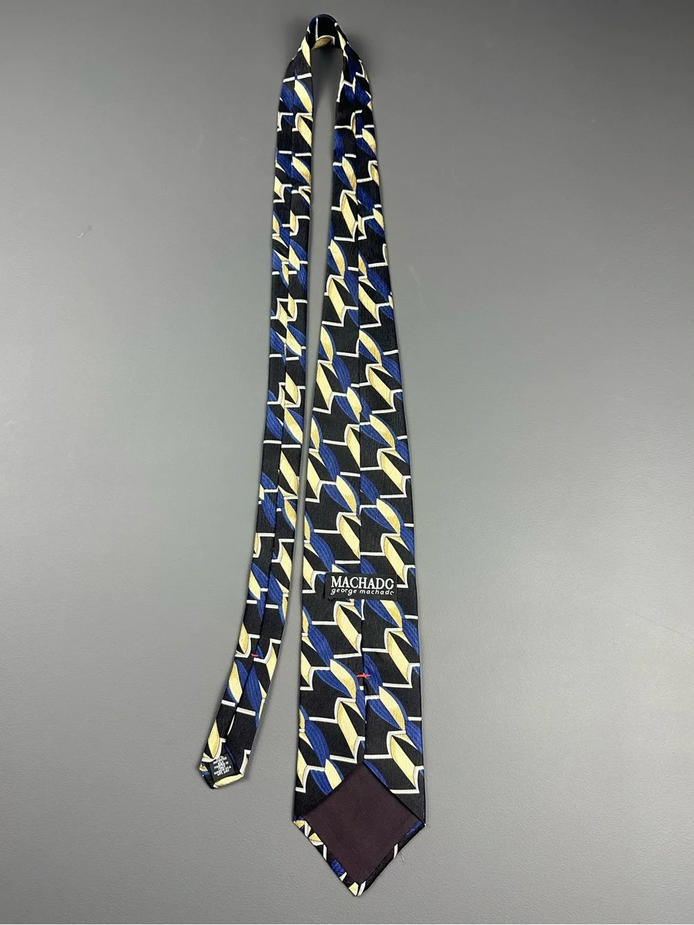 George Machado Designer 100% Silk Tie Blue Gold Black Geometric Made in USA